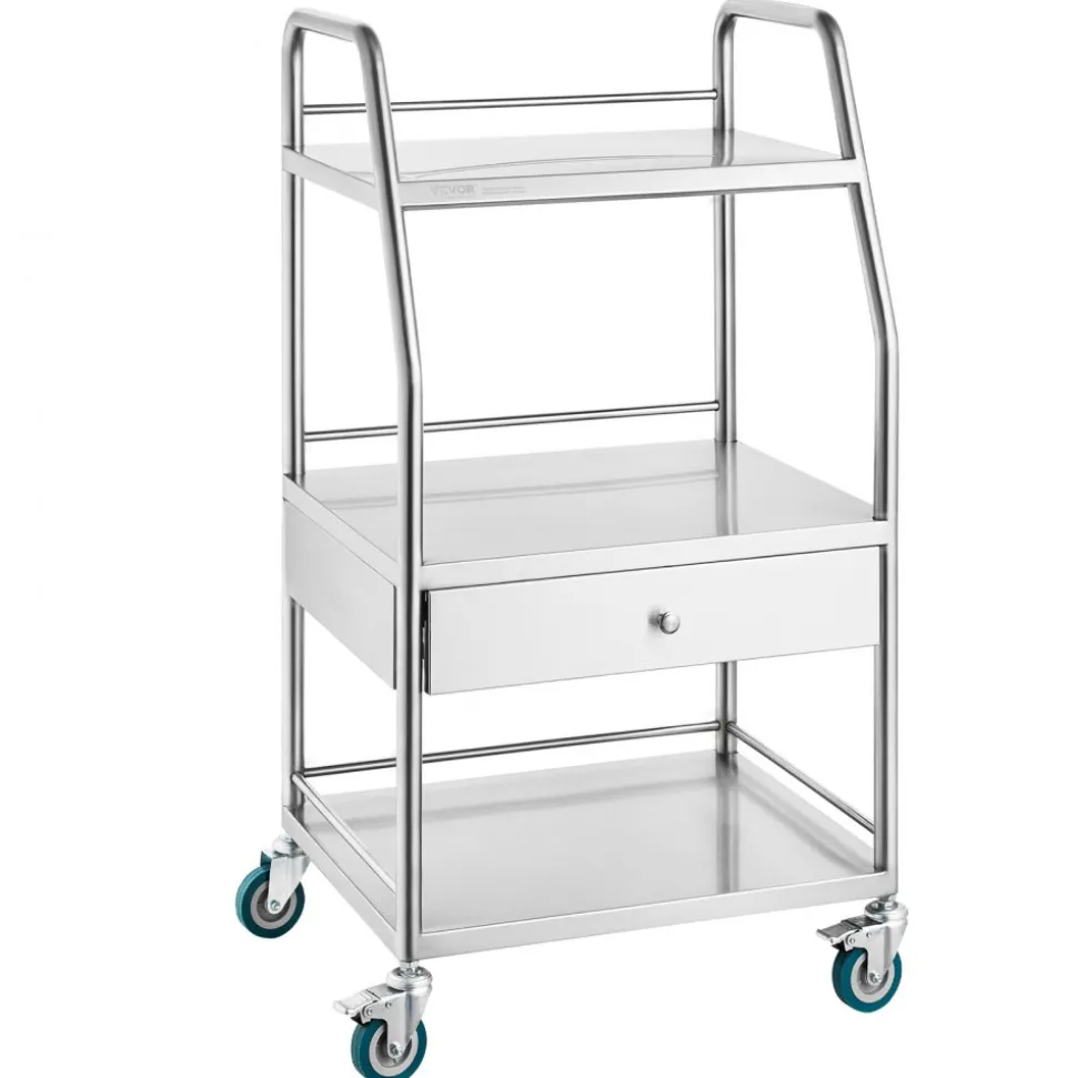 VEVOR Lab Serving Cart, 3 Layers Stainless Steel Utility Rolling Cart, Medical Cart with A Drawer, Dental Utility Cart with Lockable Wheels, for Laboratory, Hospital, Dental Use