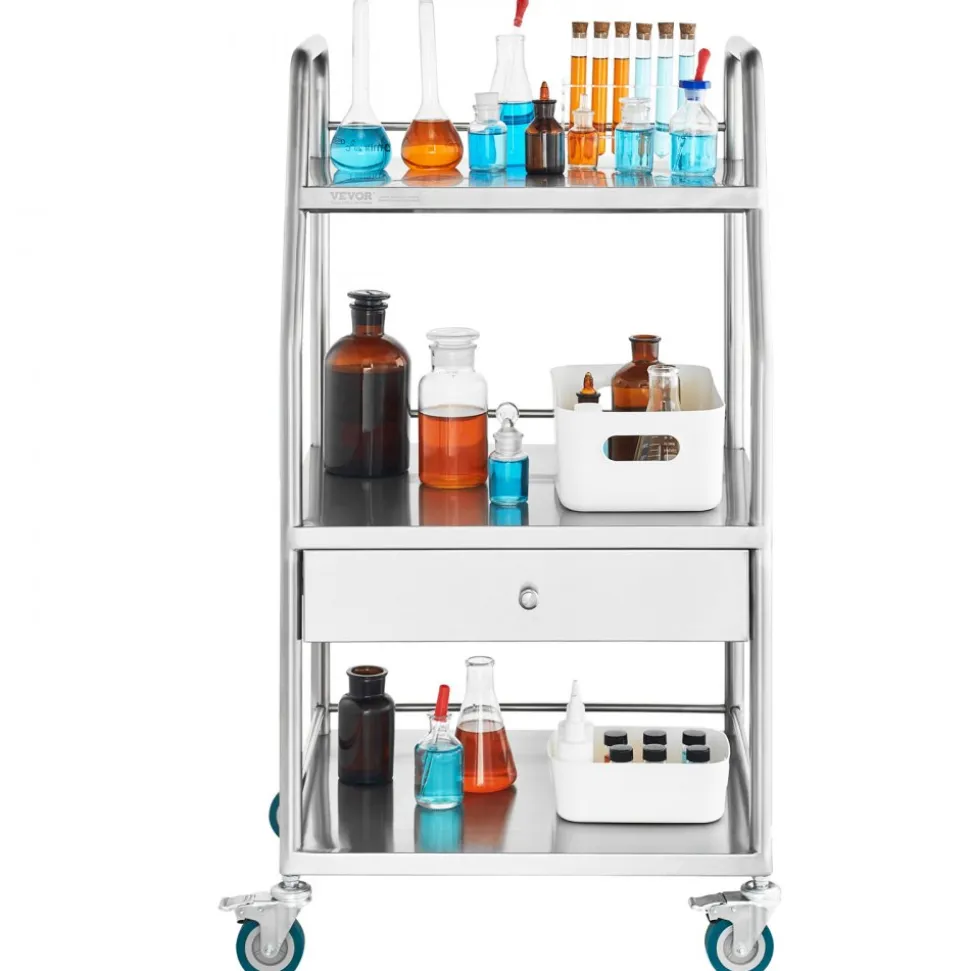 VEVOR Lab Serving Cart, 3 Layers Stainless Steel Utility Rolling Cart, Medical Cart with A Drawer, Dental Utility Cart with Lockable Wheels, for Laboratory, Hospital, Dental Use