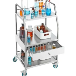 VEVOR Lab Serving Cart, 3 Layers Stainless Steel Utility Rolling Cart, Medical Cart with A Drawer, Dental Utility Cart with Lockable Wheels, for Laboratory, Hospital, Dental Use