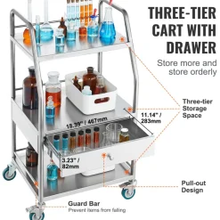 VEVOR Lab Serving Cart, 3 Layers Stainless Steel Utility Rolling Cart, Medical Cart with A Drawer, Dental Utility Cart with Lockable Wheels, for Laboratory, Hospital, Dental Use