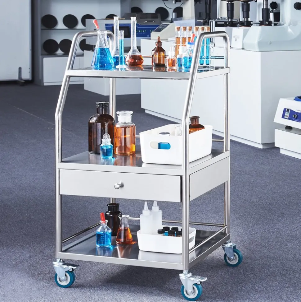 VEVOR Lab Serving Cart, 3 Layers Stainless Steel Utility Rolling Cart, Medical Cart with A Drawer, Dental Utility Cart with Lockable Wheels, for Laboratory, Hospital, Dental Use