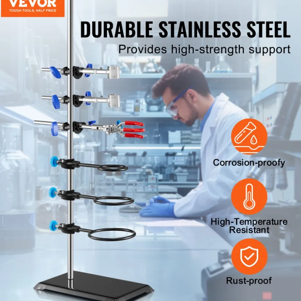 VEVOR Lab Stand Support, Laboratory Retort Support Stand Set, Steel Lab Stand 23.6" Rod and 8.3" x 5.3" Cast Iron Base, Includes Flask Clamps, a Burette Clamp and Cross Clamps