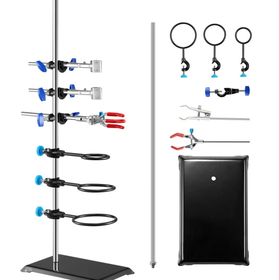 VEVOR Lab Stand Support, Laboratory Retort Support Stand Set, Steel Lab Stand 23.6" Rod and 8.3" x 5.3" Cast Iron Base, Includes Flask Clamps, a Burette Clamp and Cross Clamps