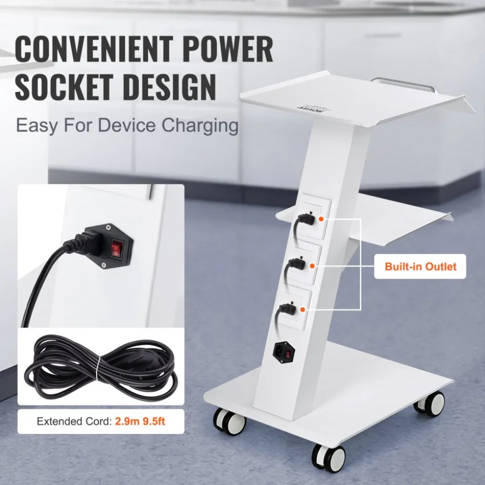 VEVOR Lab Trolley, Rolling Lab Cart with Built-in Socket, 3-Layer Metal Mobile Trolley, Tray Rolling Clinic Cart with Swivel Wheels, 220 lbs Weight Capacity, for Lab, Clinic, Beauty and Salon