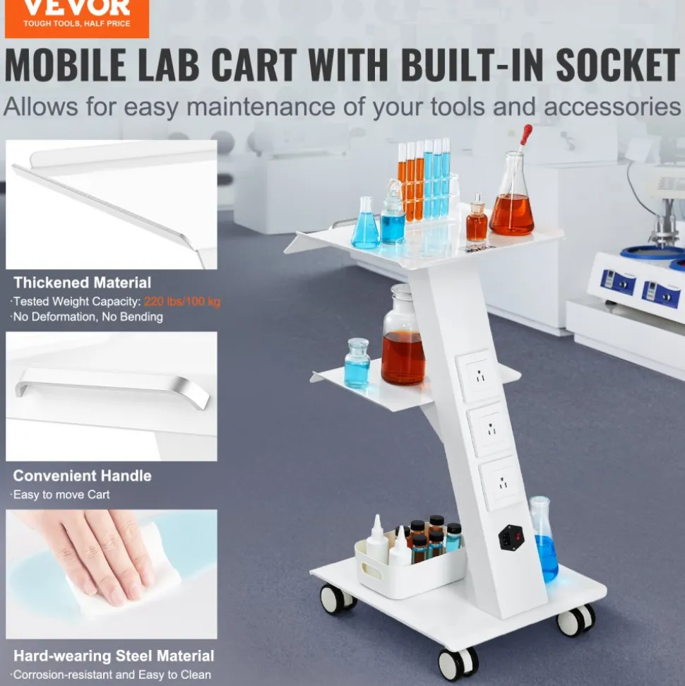 VEVOR Lab Trolley, Rolling Lab Cart with Built-in Socket, 3-Layer Metal Mobile Trolley, Tray Rolling Clinic Cart with Swivel Wheels, 220 lbs Weight Capacity, for Lab, Clinic, Beauty and Salon