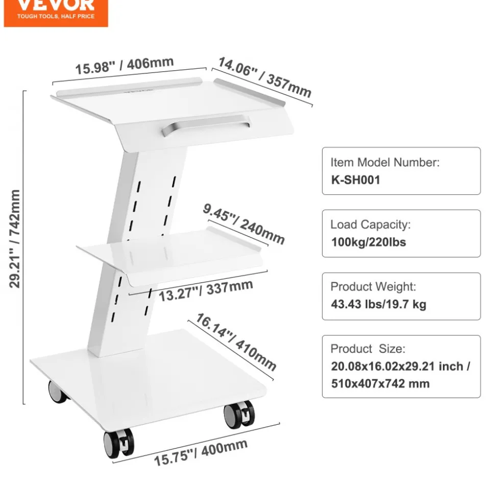 VEVOR Lab Trolley, Rolling Lab Cart with Built-in Socket, 3-Layer Metal Mobile Trolley, Tray Rolling Clinic Cart with Swivel Wheels, 220 lbs Weight Capacity, for Lab, Clinic, Beauty and Salon