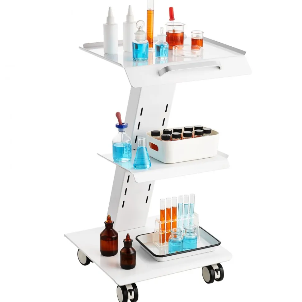 VEVOR Lab Trolley, Rolling Lab Cart with Built-in Socket, 3-Layer Metal Mobile Trolley, Tray Rolling Clinic Cart with Swivel Wheels, 220 lbs Weight Capacity, for Lab, Clinic, Beauty and Salon