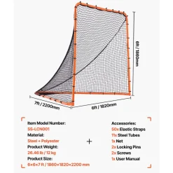 VEVOR Lacrosse Goal, 6' x 6' Lacrosse Net, Folding Portable Backyard Lacrosse Training Equipment, Steel Frame Training Net, Quick & Easy Setup Lacrosse Goal, Perfect for Youth Adult Training, Orange
