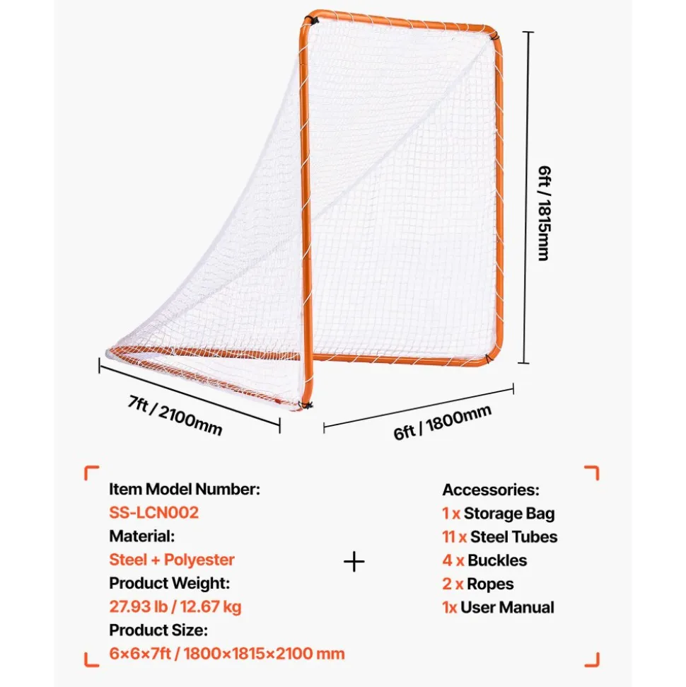 VEVOR Lacrosse Goal, 6' x 6' Lacrosse Net, Steel Frame Backyard Lacrosse Training Equipment, Portable Lacrosse Goal with Carry Bag, Quick & Easy Setup, Perfect for Youth Adult Training, Orange