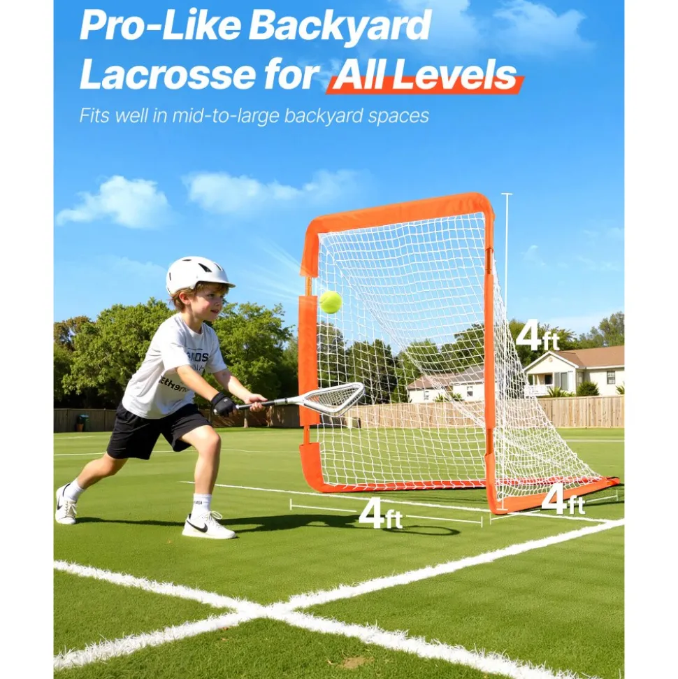 VEVOR Lacrosse Goal, 4' x 4' Small Kids Lacrosse Net, Folding Portable Lacrosse Goal with Carry Bag, Iron Frame Backyard Training Equipment, Quick & Easy Setup, Perfect for Youth Training, Orange