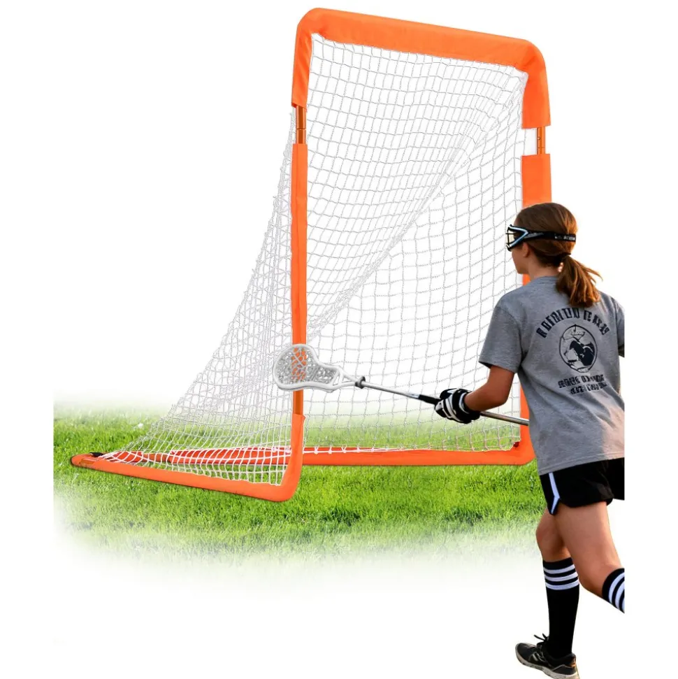VEVOR Lacrosse Goal, 4' x 4' Small Kids Lacrosse Net, Folding Portable Lacrosse Goal with Carry Bag, Iron Frame Backyard Training Equipment, Quick & Easy Setup, Perfect for Youth Training, Orange