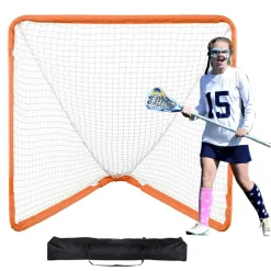 VEVOR Lacrosse Goal, 4' x 4' Small Kids Lacrosse Net, Folding Portable Lacrosse Goal with Carry Bag, Iron Frame Backyard Training Equipment, Quick & Easy Setup, Perfect for Youth Training, Orange