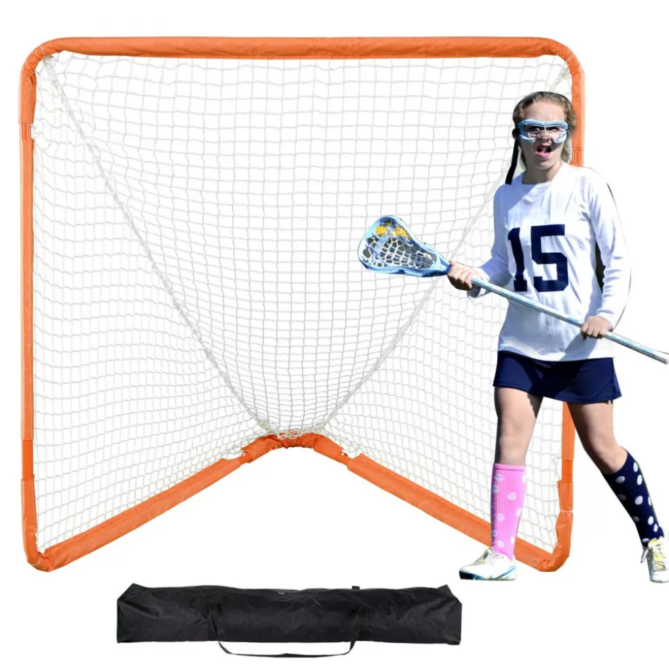 VEVOR Lacrosse Goal, 4' x 4' Small Kids Lacrosse Net, Folding Portable Lacrosse Goal with Carry Bag, Iron Frame Backyard Training Equipment, Quick & Easy Setup, Perfect for Youth Training, Orange