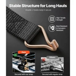 VEVOR Ladder Rack Ratchet Straps, Black Square Tube Mount, 1.5 in Wide x 7.4 ft Long Black Ladder Rack Straps with Double J-Hooks, 500 lbs Load Heavy Duty, Cargo Buckle Lock Strap (4 Pack)
