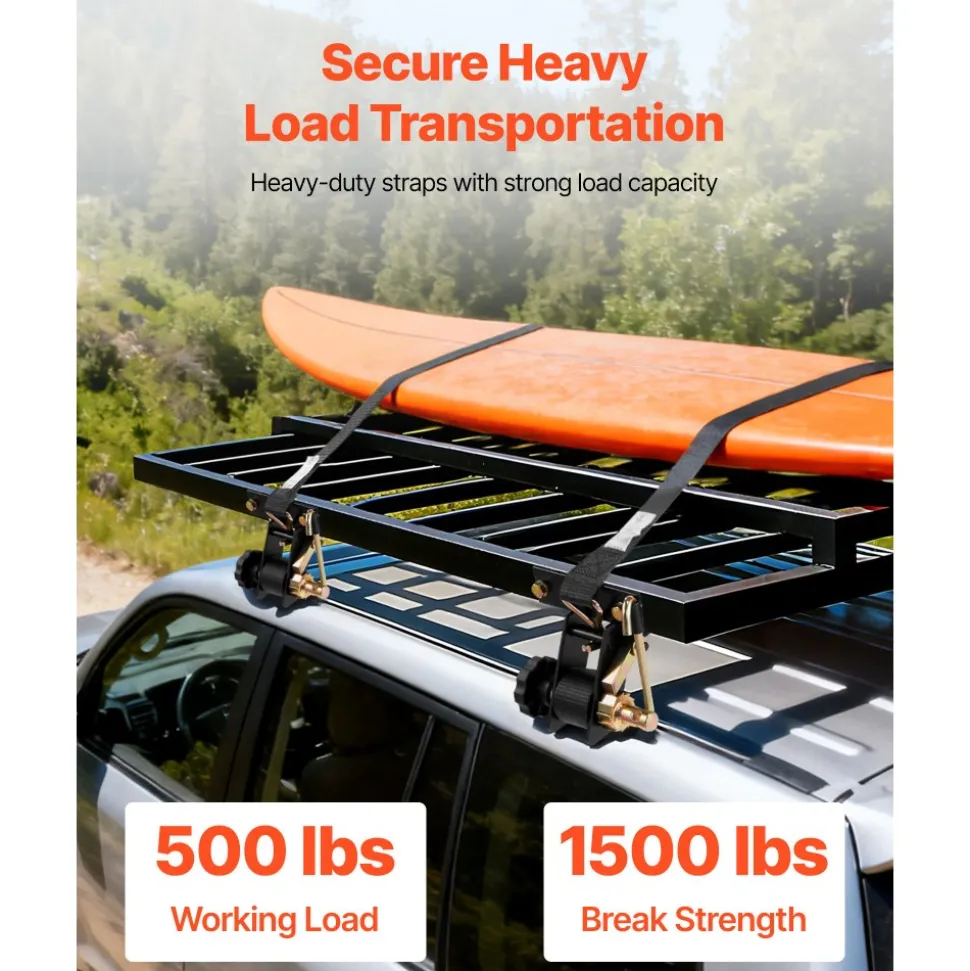 VEVOR Ladder Rack Ratchet Straps, Black Square Tube Mount, 1.5 in Wide x 7.4 ft Long Black Ladder Rack Straps with Double J-Hooks, 500 lbs Load Heavy Duty, Cargo Buckle Lock Strap (4 Pack)