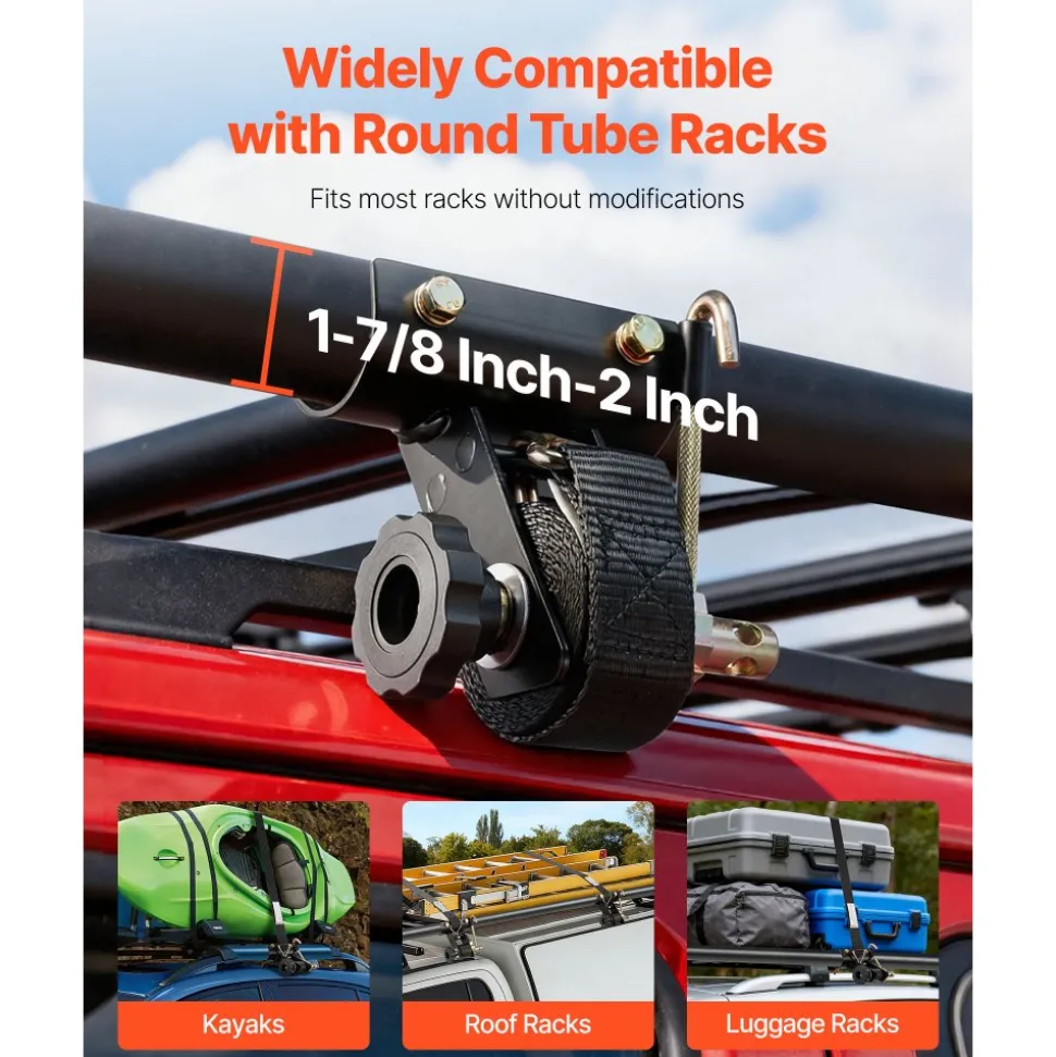 VEVOR Ladder Rack Ratchet Straps, 1.87-2 in Black Round Tube Mount, 1.5 in Wide x 7.4 ft Long Black Ladder Rack Straps with Double J-Hooks, 500 lbs Load Heavy Duty, Cargo Buckle Lock Strap (2 Pack)