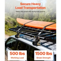 VEVOR Ladder Rack Ratchet Straps, 1.87-2 in Black Round Tube Mount, 1.5 in Wide x 7.4 ft Long Black Ladder Rack Straps with Double J-Hooks, 500 lbs Load Heavy Duty, Cargo Buckle Lock Strap (2 Pack)
