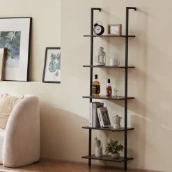 VEVOR Ladder Shelf, 5-Tier Bookshelf 17.3x11.8in, Open Wall-Mounted Ladder Shelf with Metal Frame,Storage Rack Sundries Holder for Kitchen Bedroom Bathroom Living Room, Black
