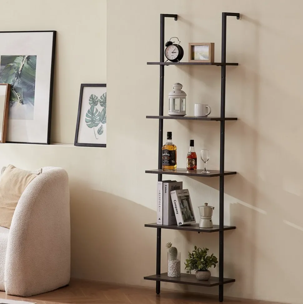 VEVOR Ladder Shelf, 5-Tier Bookshelf 17.3x11.8in, Open Wall-Mounted Ladder Shelf with Metal Frame,Storage Rack Sundries Holder for Kitchen Bedroom Bathroom Living Room, Black