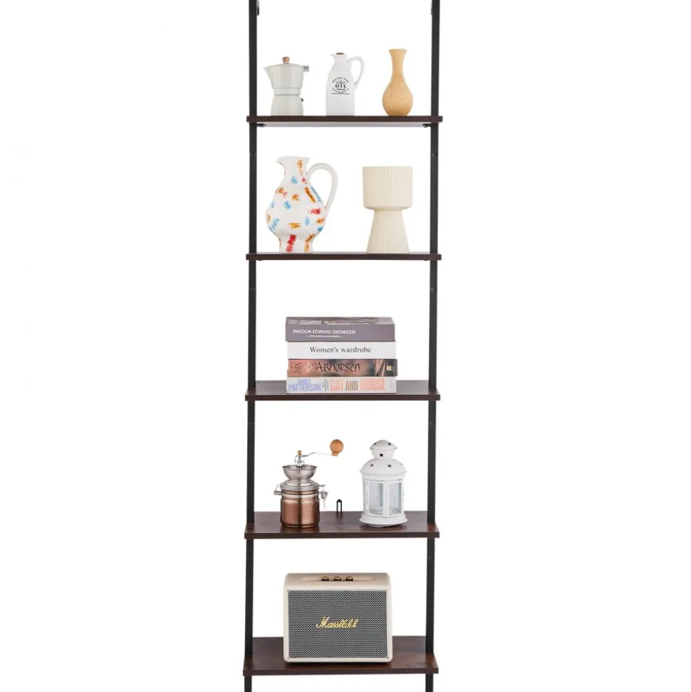 VEVOR Ladder Shelf, 5-Tier Bookshelf 17.3x11.8in, Open Wall-Mounted Ladder Shelf with Metal Frame,Storage Rack Sundries Holder for Kitchen Bedroom Bathroom Living Room, Black