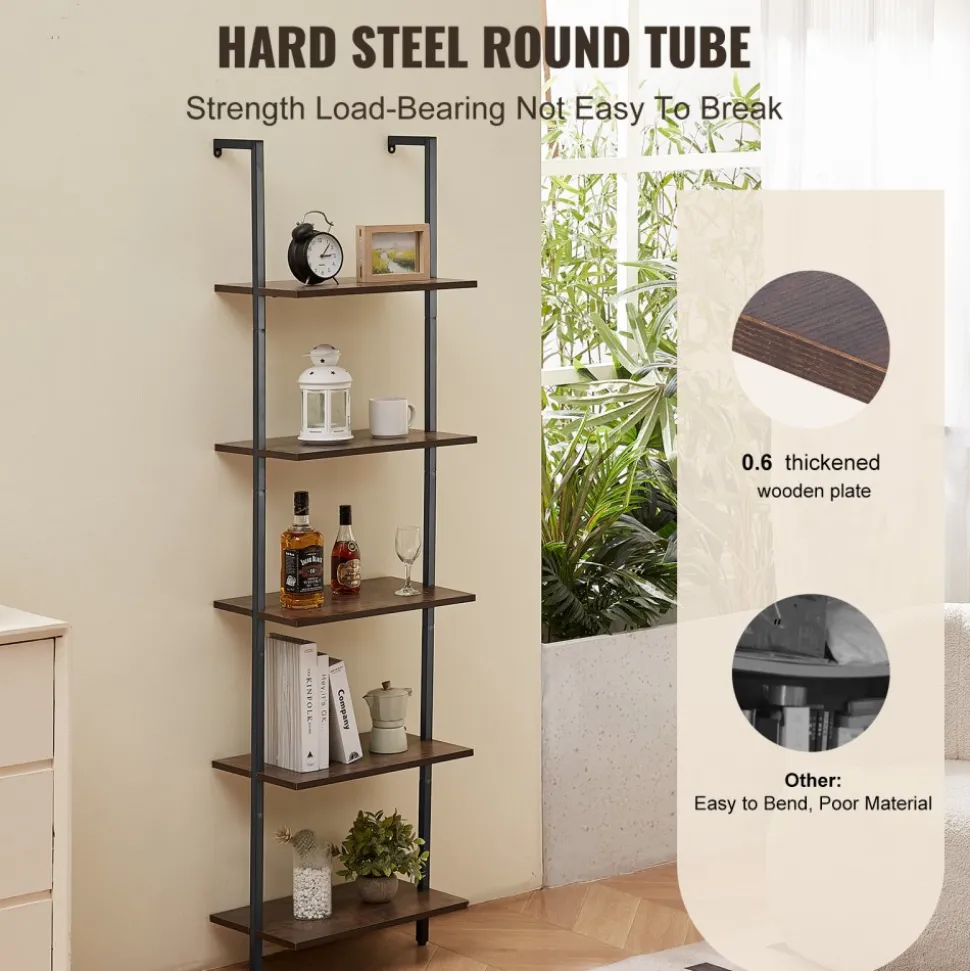 VEVOR Ladder Shelf, 5-Tier Bookshelf 17.3x11.8in, Open Wall-Mounted Ladder Shelf with Metal Frame,Storage Rack Sundries Holder for Kitchen Bedroom Bathroom Living Room, Black