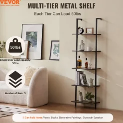 VEVOR Ladder Shelf, 5-Tier Bookshelf 17.3x11.8in, Open Wall-Mounted Ladder Shelf with Metal Frame,Storage Rack Sundries Holder for Kitchen Bedroom Bathroom Living Room, Black
