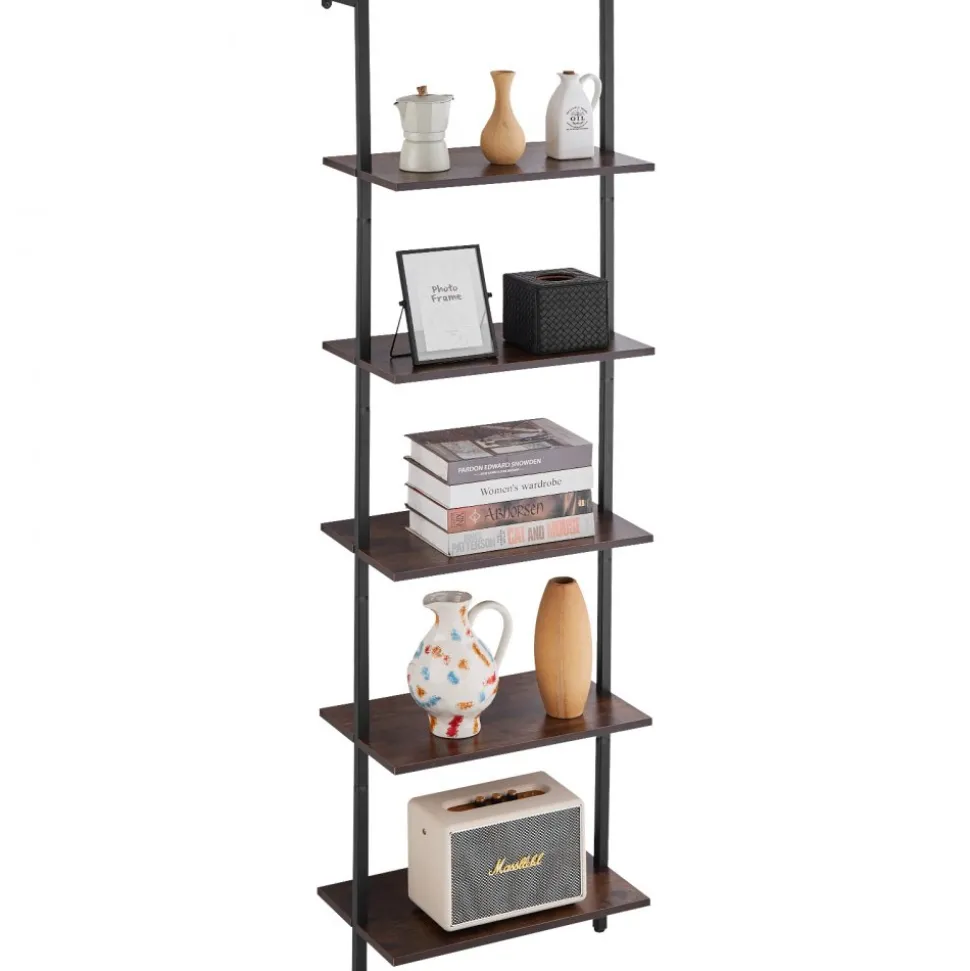 VEVOR Ladder Shelf, 5-Tier Bookshelf 17.3x11.8in, Open Wall-Mounted Ladder Shelf with Metal Frame,Storage Rack Sundries Holder for Kitchen Bedroom Bathroom Living Room, Black