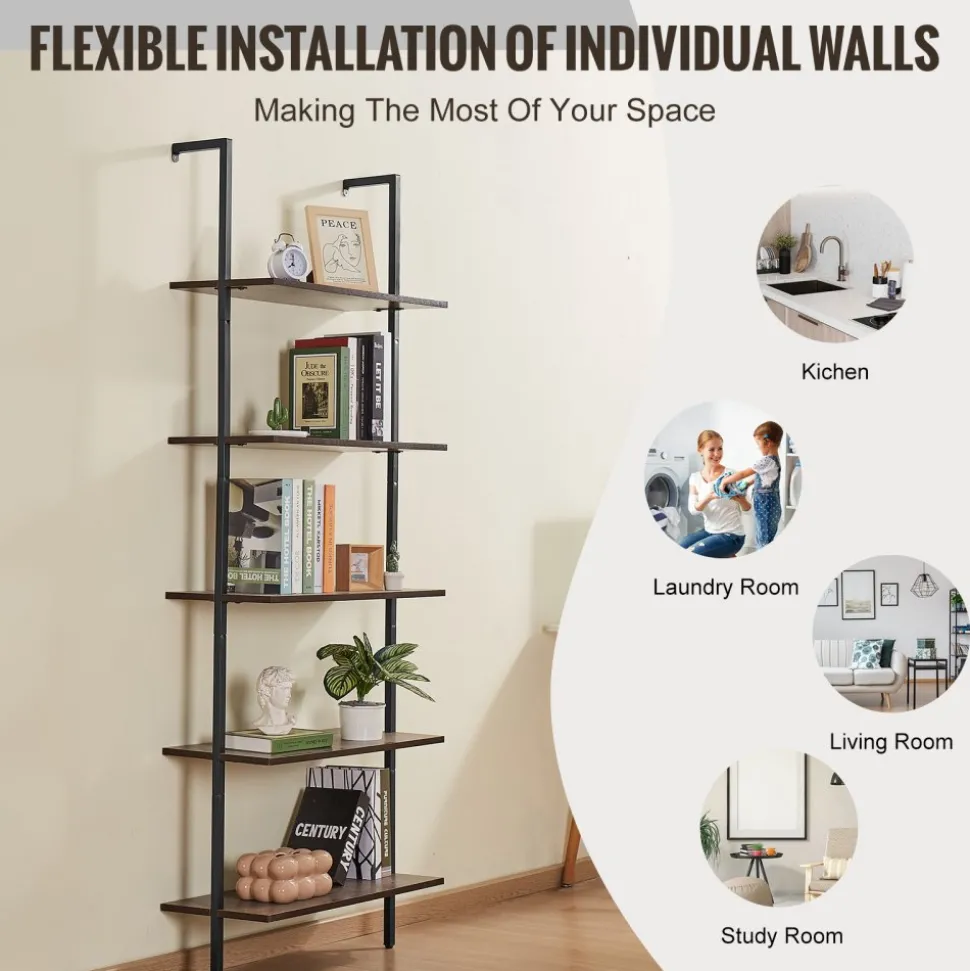 VEVOR Ladder Shelf, 5-Tier Bookshelf 17.3x11.8in, Open Wall-Mounted Ladder Shelf with Metal Frame,Storage Rack Sundries Holder for Kitchen Bedroom Bathroom Living Room, Black