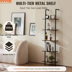 VEVOR Ladder Shelf, 5-Tier Bookshelf 15.6x11.8in, Open Wall-Mounted Ladder Shelf with Metal Frame,Storage Rack Sundries Holder for Kitchen Bedroom Bathroom Living Room, Black