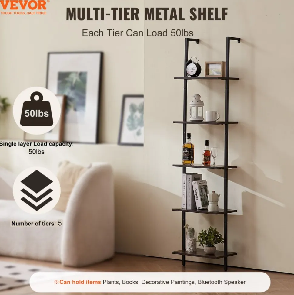 VEVOR Ladder Shelf, 5-Tier Bookshelf 15.6x11.8in, Open Wall-Mounted Ladder Shelf with Metal Frame,Storage Rack Sundries Holder for Kitchen Bedroom Bathroom Living Room, Black
