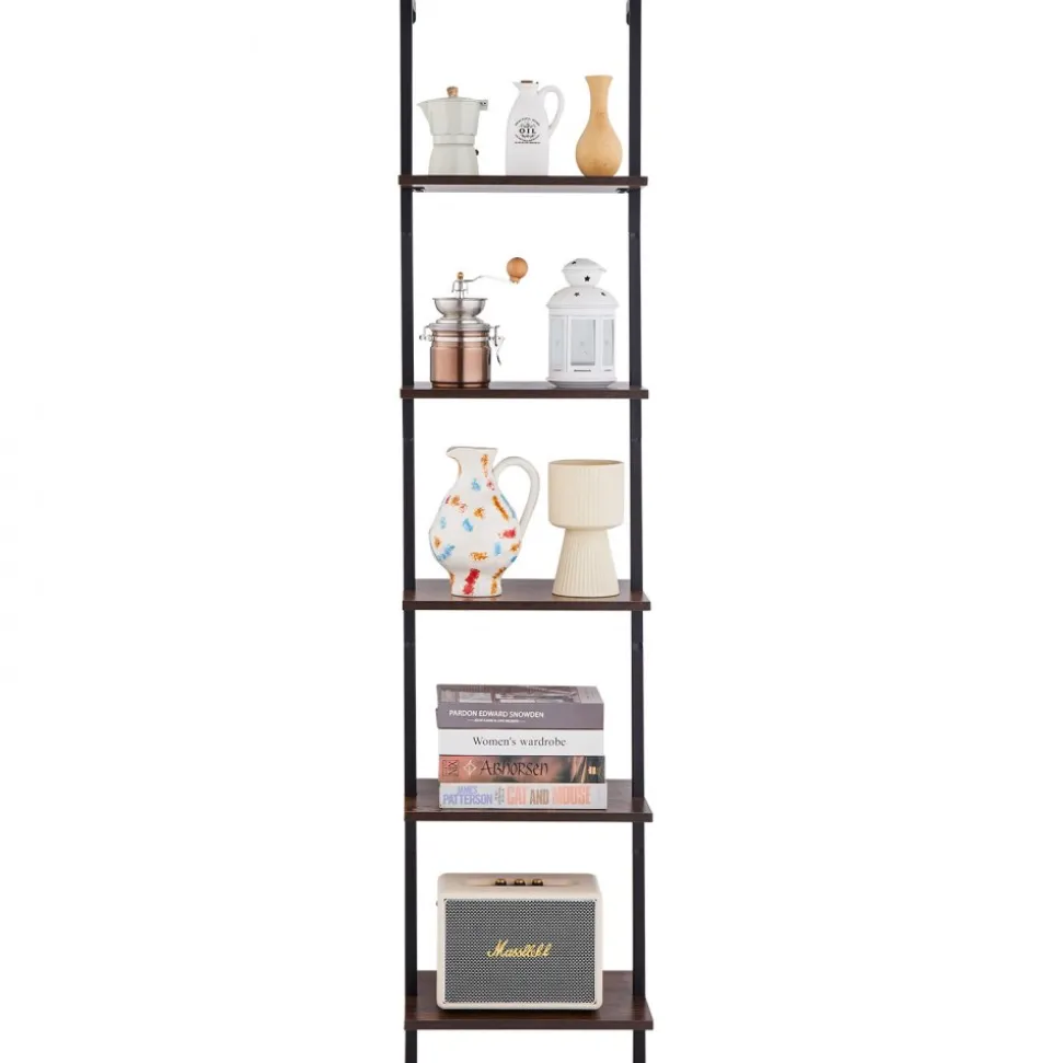 VEVOR Ladder Shelf, 5-Tier Bookshelf 15.6x11.8in, Open Wall-Mounted Ladder Shelf with Metal Frame,Storage Rack Sundries Holder for Kitchen Bedroom Bathroom Living Room, Black