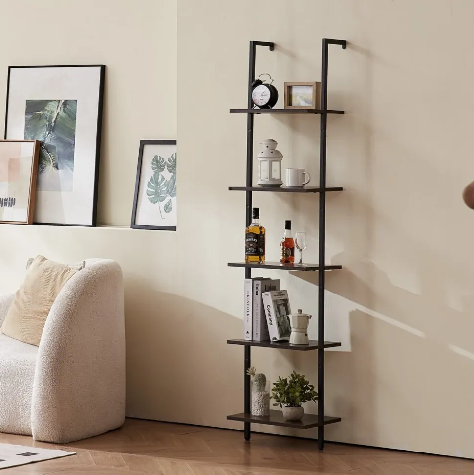 VEVOR Ladder Shelf, 5-Tier Bookshelf 15.6x11.8in, Open Wall-Mounted Ladder Shelf with Metal Frame,Storage Rack Sundries Holder for Kitchen Bedroom Bathroom Living Room, Black