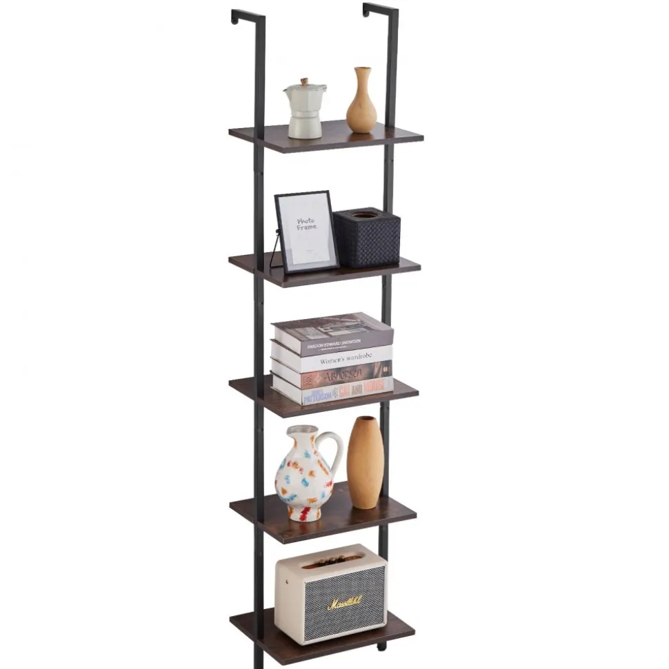 VEVOR Ladder Shelf, 5-Tier Bookshelf 15.6x11.8in, Open Wall-Mounted Ladder Shelf with Metal Frame,Storage Rack Sundries Holder for Kitchen Bedroom Bathroom Living Room, Black