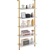 VEVOR Ladder Shelf, 5-Tier Bookshelf 24x11.8in, Open Wall-Mounted Ladder Shelf with Metal Frame,Storage Rack Sundries Holder for Kitchen Bedroom Bathroom Living Room, Gold White