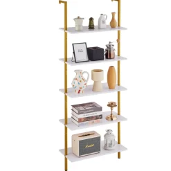 VEVOR Ladder Shelf, 5-Tier Bookshelf 24x11.8in, Open Wall-Mounted Ladder Shelf with Metal Frame,Storage Rack Sundries Holder for Kitchen Bedroom Bathroom Living Room, Gold White