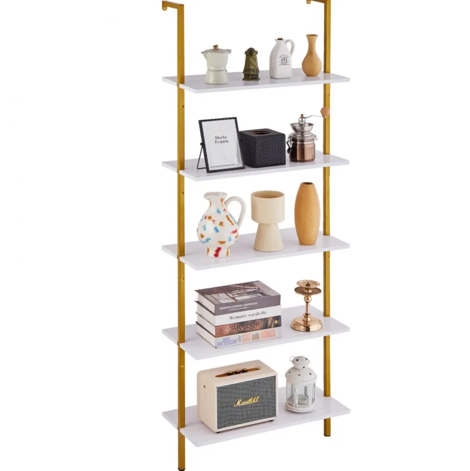 VEVOR Ladder Shelf, 5-Tier Bookshelf 24x11.8in, Open Wall-Mounted Ladder Shelf with Metal Frame,Storage Rack Sundries Holder for Kitchen Bedroom Bathroom Living Room, Gold White