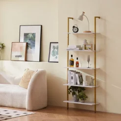 VEVOR Ladder Shelf, 5-Tier Bookshelf 24x11.8in, Open Wall-Mounted Ladder Shelf with Metal Frame,Storage Rack Sundries Holder for Kitchen Bedroom Bathroom Living Room, Gold White