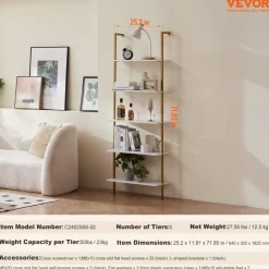 VEVOR Ladder Shelf, 5-Tier Bookshelf 24x11.8in, Open Wall-Mounted Ladder Shelf with Metal Frame,Storage Rack Sundries Holder for Kitchen Bedroom Bathroom Living Room, Gold White