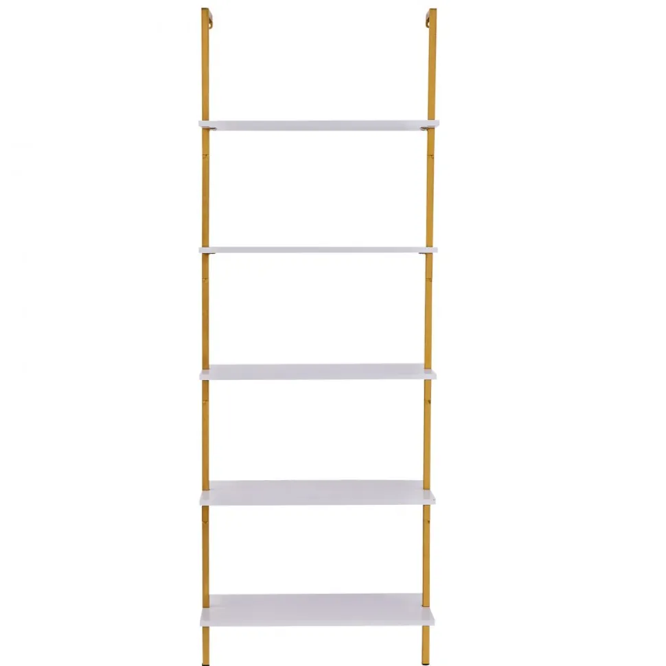 VEVOR Ladder Shelf, 5-Tier Bookshelf 24x11.8in, Open Wall-Mounted Ladder Shelf with Metal Frame,Storage Rack Sundries Holder for Kitchen Bedroom Bathroom Living Room, Gold White