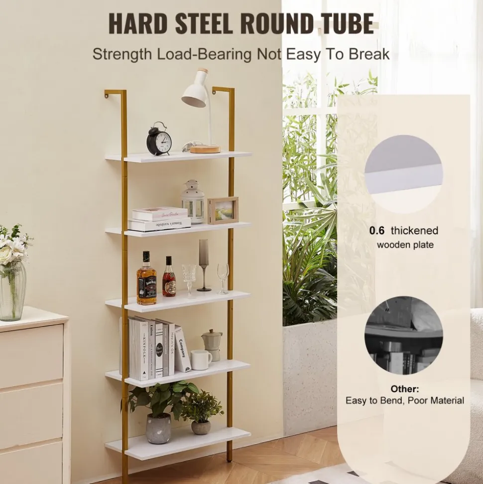 VEVOR Ladder Shelf, 5-Tier Bookshelf 24x11.8in, Open Wall-Mounted Ladder Shelf with Metal Frame,Storage Rack Sundries Holder for Kitchen Bedroom Bathroom Living Room, Gold White