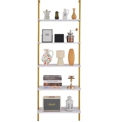VEVOR Ladder Shelf, 5-Tier Bookshelf 24x11.8in, Open Wall-Mounted Ladder Shelf with Metal Frame,Storage Rack Sundries Holder for Kitchen Bedroom Bathroom Living Room, Gold White