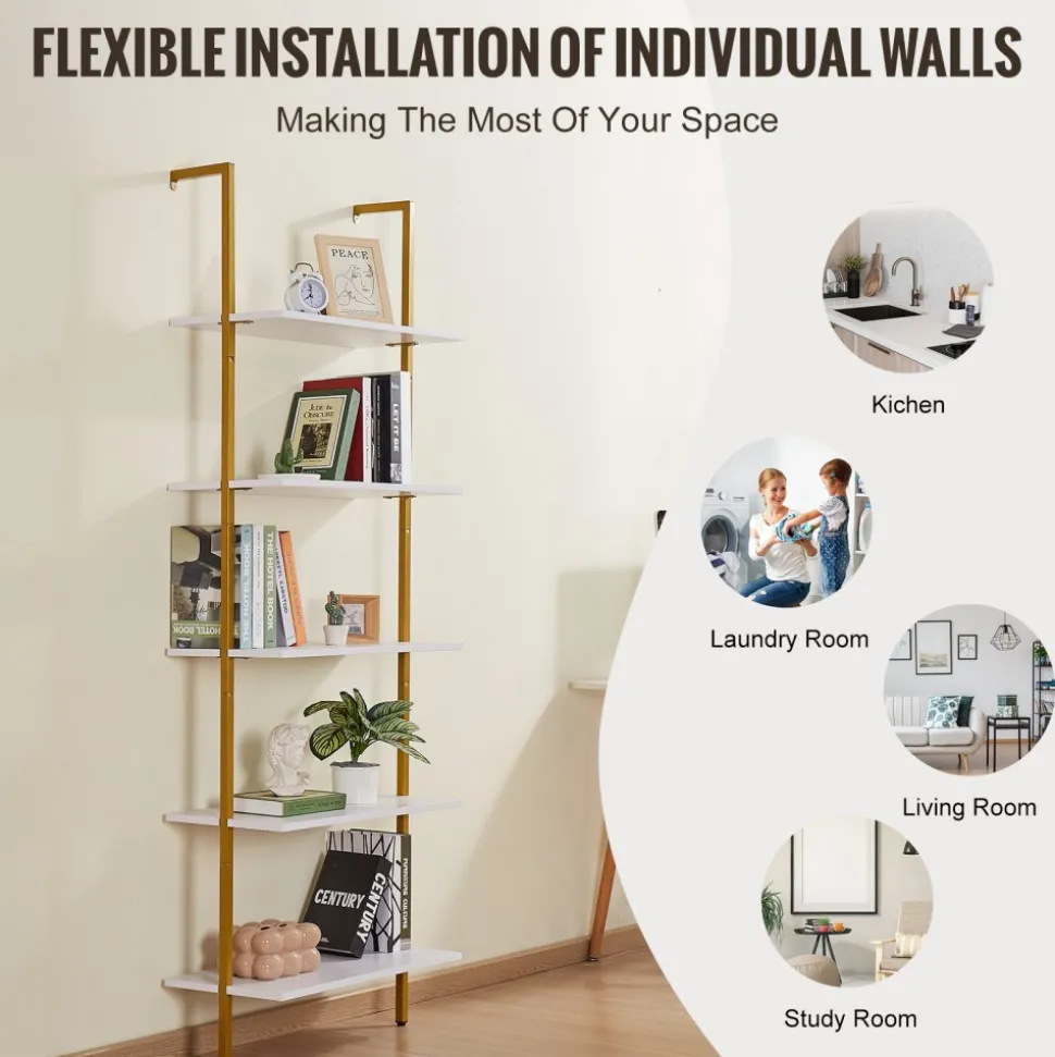 VEVOR Ladder Shelf, 5-Tier Bookshelf 24x11.8in, Open Wall-Mounted Ladder Shelf with Metal Frame,Storage Rack Sundries Holder for Kitchen Bedroom Bathroom Living Room, Gold White