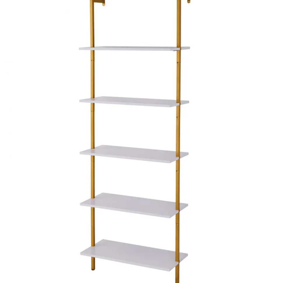 VEVOR Ladder Shelf, 5-Tier Bookshelf 24x11.8in, Open Wall-Mounted Ladder Shelf with Metal Frame,Storage Rack Sundries Holder for Kitchen Bedroom Bathroom Living Room, Gold White