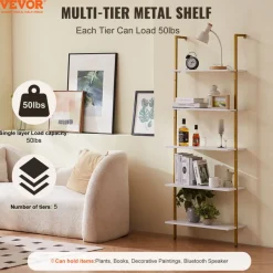 VEVOR Ladder Shelf, 5-Tier Bookshelf 24x11.8in, Open Wall-Mounted Ladder Shelf with Metal Frame,Storage Rack Sundries Holder for Kitchen Bedroom Bathroom Living Room, Gold White