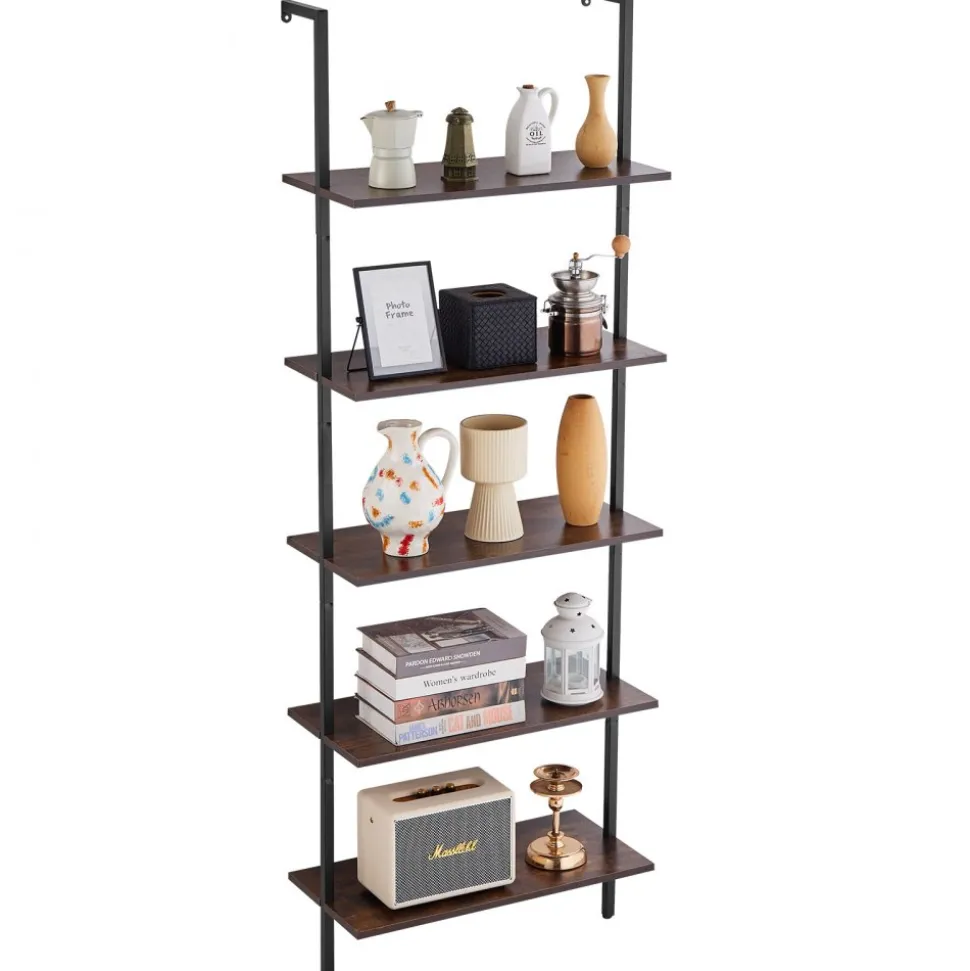 VEVOR Ladder Shelf, 5-Tier Bookshelf 24x11.8in, Open Wall-Mounted Ladder Shelf with Metal Frame,Storage Rack Sundries Holder for Kitchen Bedroom Bathroom Living Room, Black