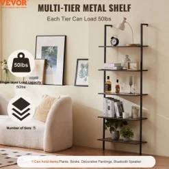 VEVOR Ladder Shelf, 5-Tier Bookshelf 24x11.8in, Open Wall-Mounted Ladder Shelf with Metal Frame,Storage Rack Sundries Holder for Kitchen Bedroom Bathroom Living Room, Black