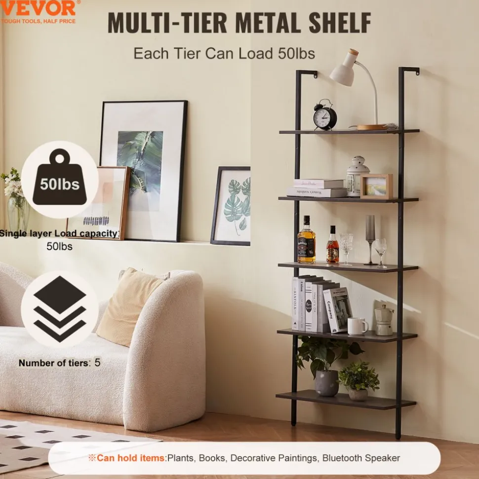 VEVOR Ladder Shelf, 5-Tier Bookshelf 24x11.8in, Open Wall-Mounted Ladder Shelf with Metal Frame,Storage Rack Sundries Holder for Kitchen Bedroom Bathroom Living Room, Black