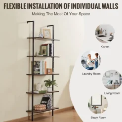 VEVOR Ladder Shelf, 5-Tier Bookshelf 24x11.8in, Open Wall-Mounted Ladder Shelf with Metal Frame,Storage Rack Sundries Holder for Kitchen Bedroom Bathroom Living Room, Black