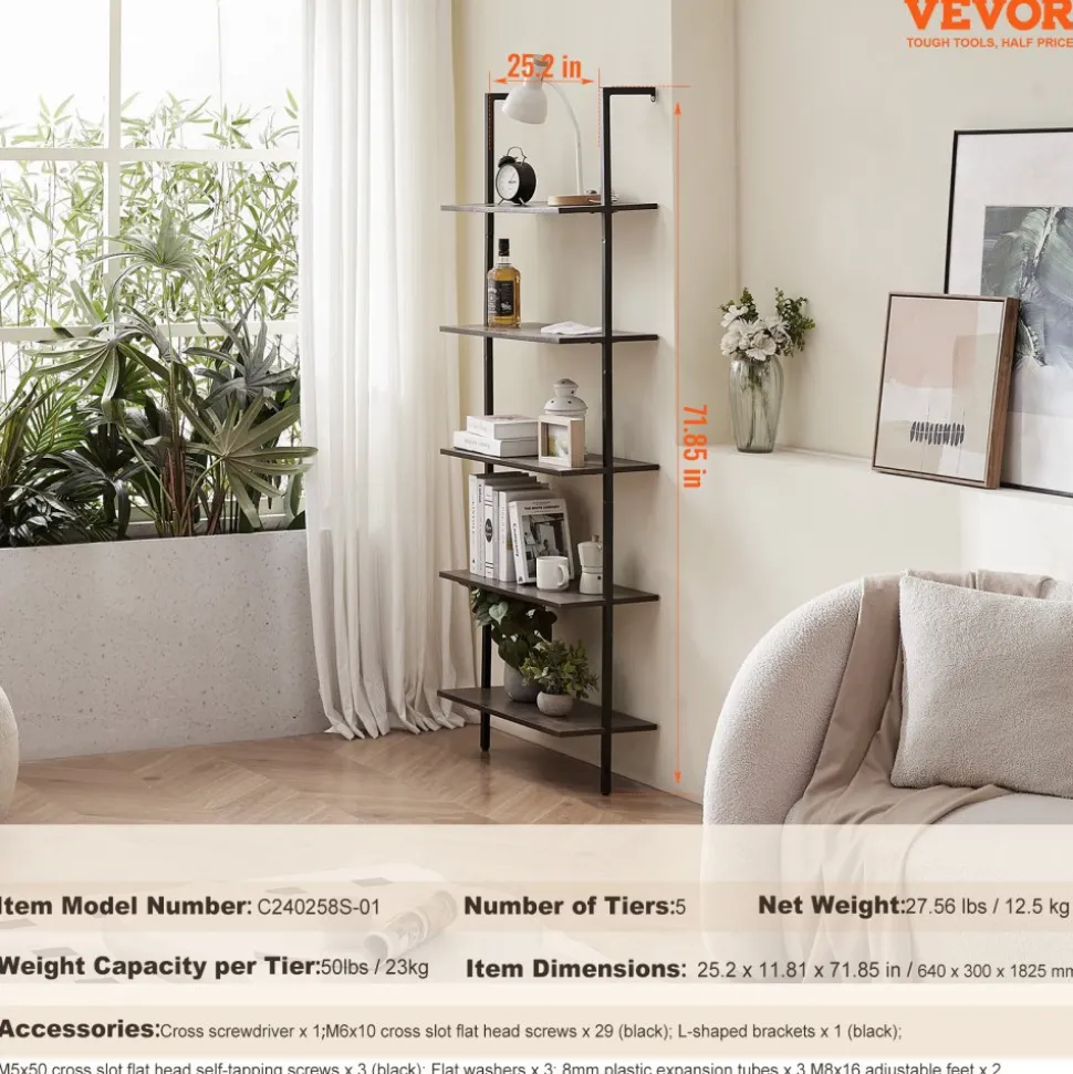 VEVOR Ladder Shelf, 5-Tier Bookshelf 24x11.8in, Open Wall-Mounted Ladder Shelf with Metal Frame,Storage Rack Sundries Holder for Kitchen Bedroom Bathroom Living Room, Black