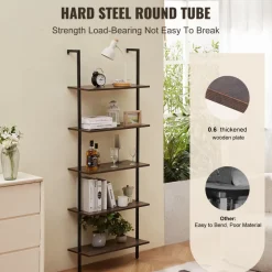VEVOR Ladder Shelf, 5-Tier Bookshelf 24x11.8in, Open Wall-Mounted Ladder Shelf with Metal Frame,Storage Rack Sundries Holder for Kitchen Bedroom Bathroom Living Room, Black